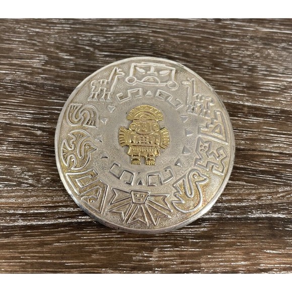 Vintage Peru Peruvian 18K Gold Sterling Silver Inca Mayan God Pendant Pin - Picture 1 of 10